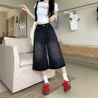 跨境2026新款夏季女水洗牛仔裤显瘦美式百搭阔腿宽松七分短裤现货
