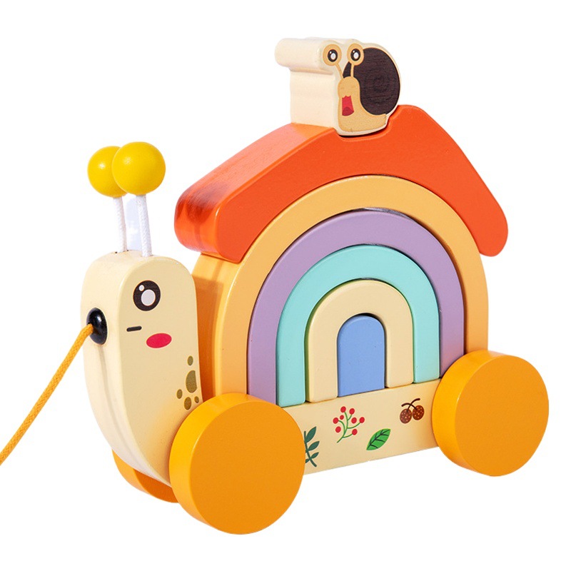 Arrastrando madera Caracol bebé rompecabezas montaje apilamiento niño padre-hijo de madera temprano enseñanza ayudas juguete Arco Iris bloque de construcción Coche