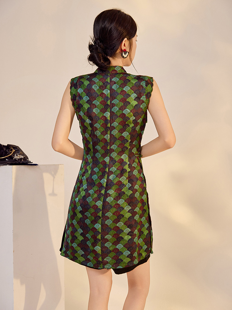 Váy sườn xám cách tân cổ đứng cài cúc kẻ sọc dáng chữ A chất rayon — Màu xanh khoáng