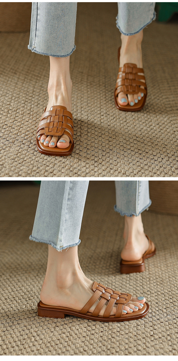 Dép sandal nữ xỏ ngón bện da bò lớp đầu đế bệt — Màu nâu chi tiết 13