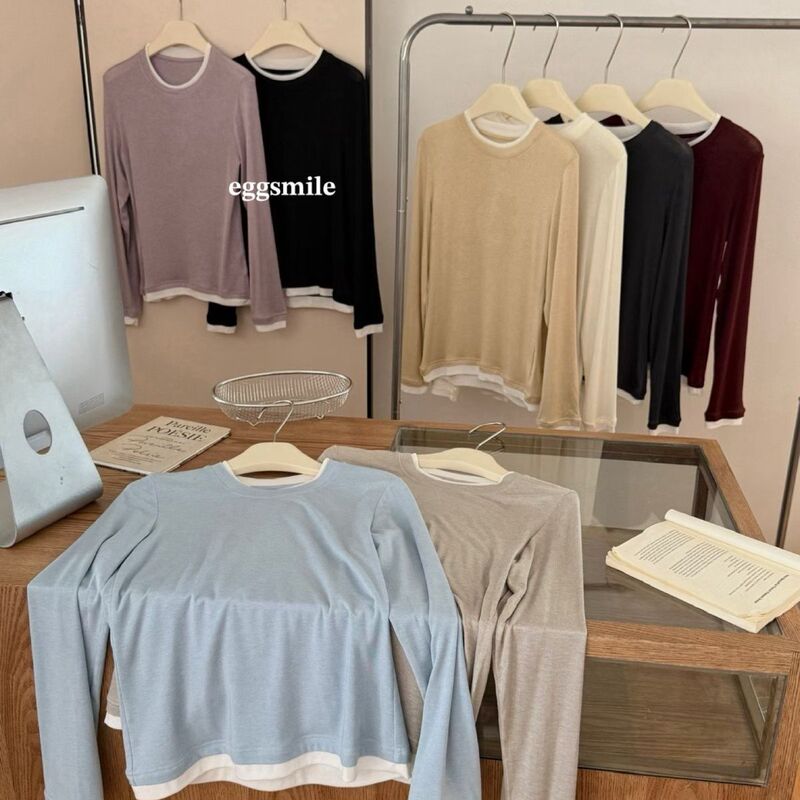 New Egg Tencel Wool Faux Two-Piece Long-Sleeve Base Shirt Round Neck T-Shirt Slim Fit Color-Blocking Top for Women