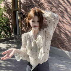 2025新款法式高级感荷叶边波点衬衫女春季设计感绑带宽松别致上衣