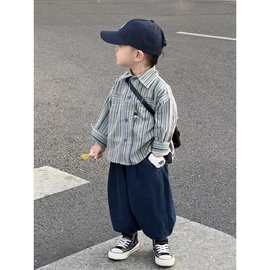 男童秋季灯芯绒套装2024新款儿童韩版竖条纹衬衫休闲秋季穿搭一套