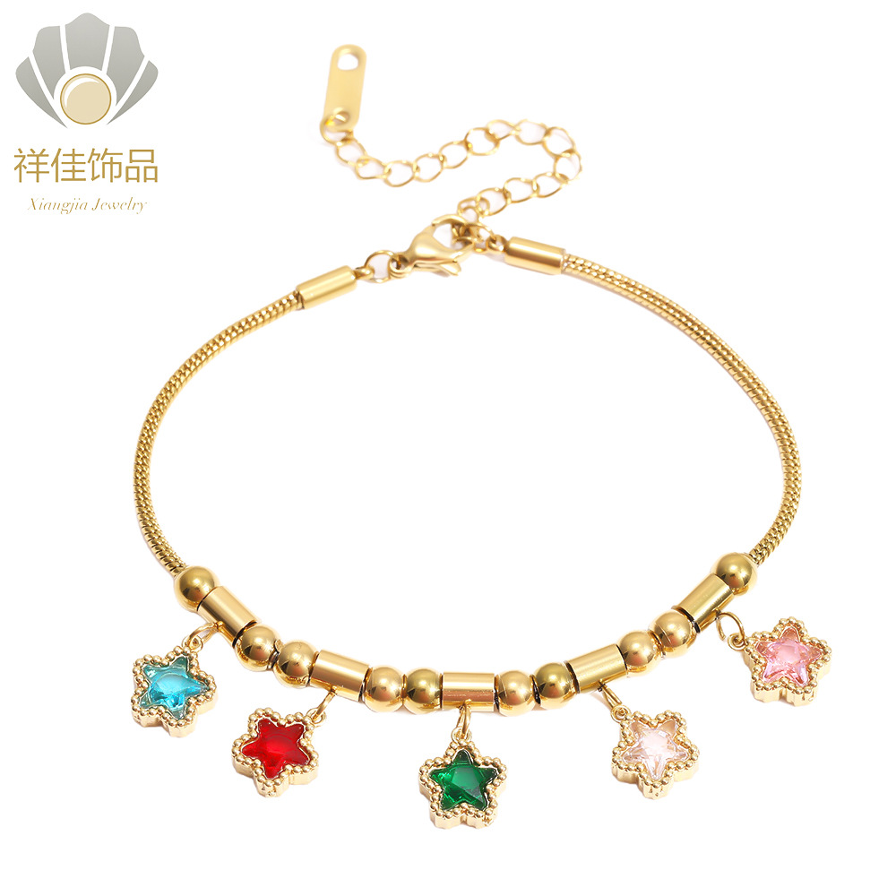 European And American Cross-Border Star Flower Butterfly Stainless Steel New Beaded Bracelet Emerald Zircon Fashion_voghion.com