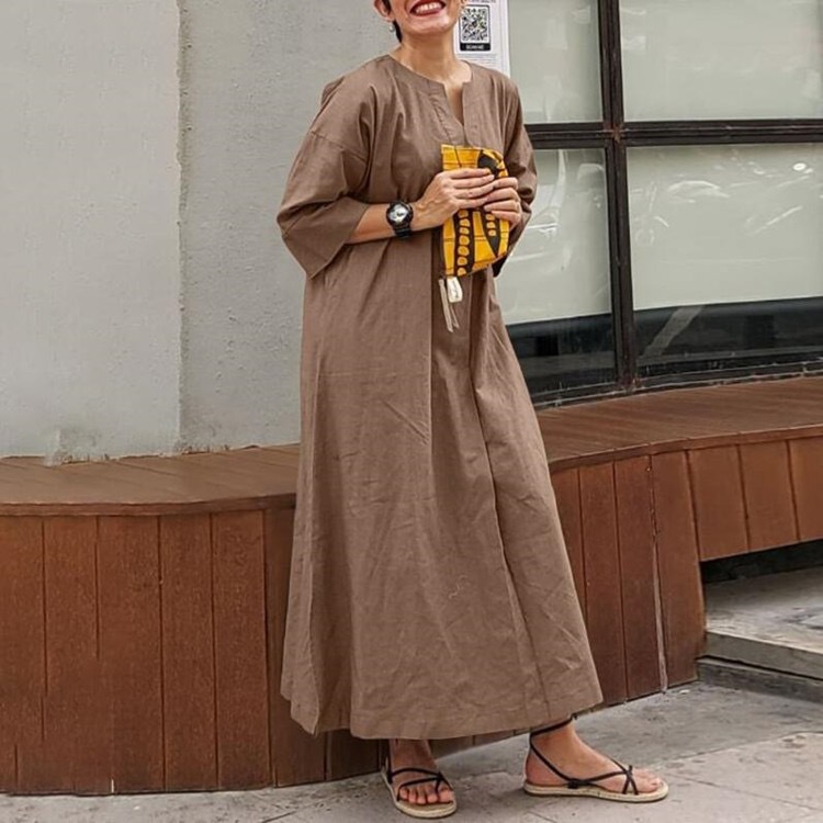 Women's Regular Dress Vintage Style V Neck 3/4 Length Sleeve Solid Color Maxi Long Dress Daily display picture 8