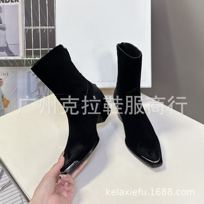 高端2025秋冬真皮尖头复古粗跟高跟后拉链西部牛仔短靴靴骑士靴女|undefined