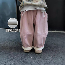 厚以潮流童装宝宝加绒裤子男女童粉色阔腿哈伦裤儿童厚裤男孩冬装
