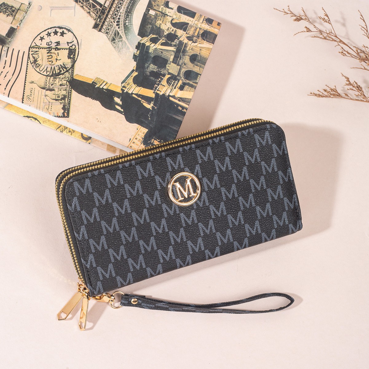 Nueva moda damas billetera larga de doble cremallera nueva impresión bolso de mano multi-tarjeta de gran capacidad compartimiento cremallera
