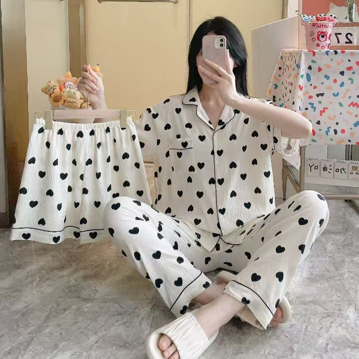 Venta al por mayor transfronteriza 120g pijamas de algodón de nube de verano de manga corta para mujer pantalones cortos de algodón de nube de verano de tres piezas servicio a domicilio de dibujos animados