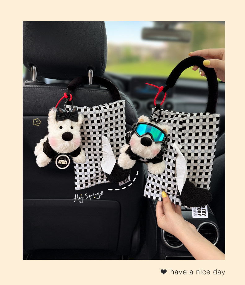 New car tissue box with West Highland puppy design, hanging car tissue holder, high-end interior seat back storage decoration