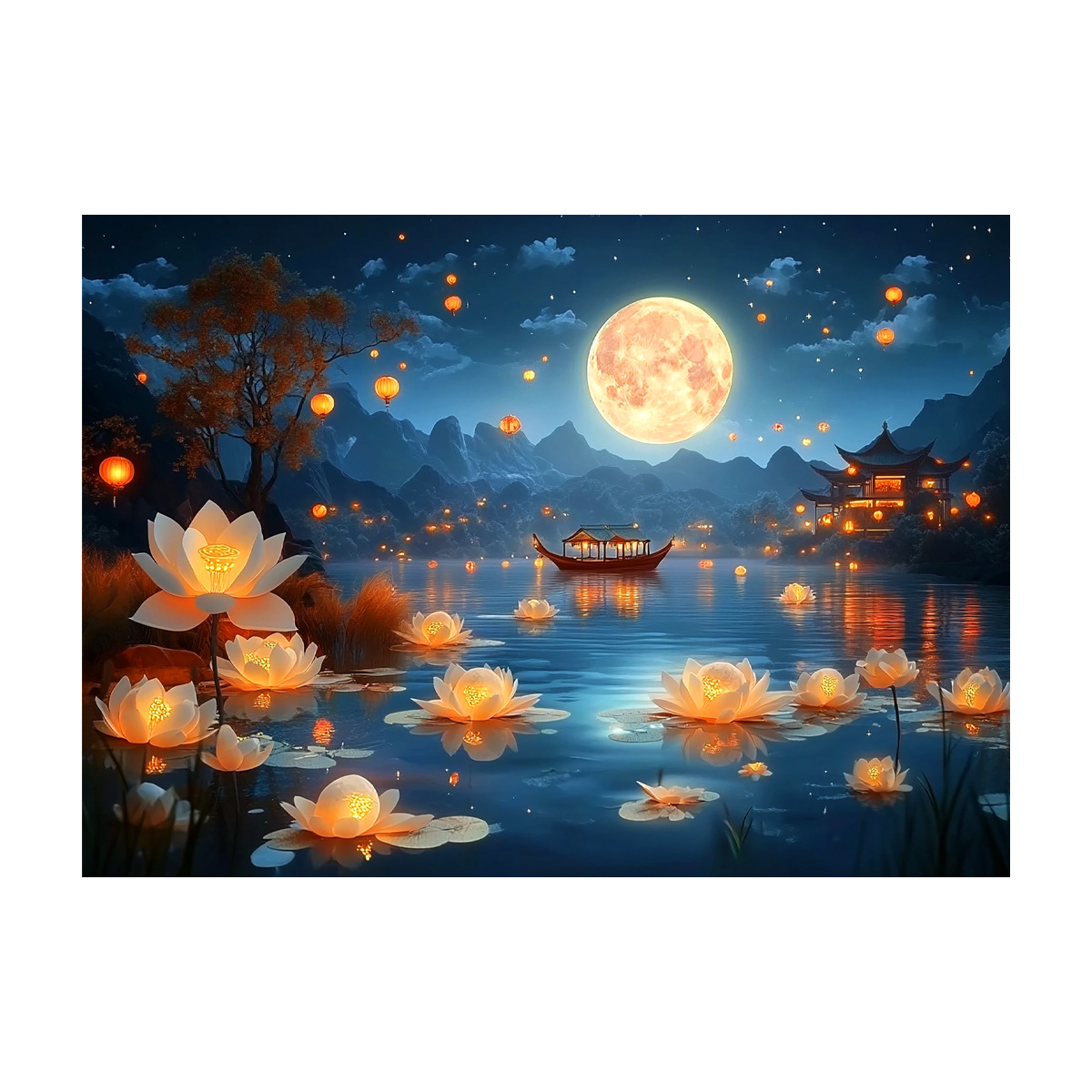 [Tela de algodón importada] Mona Lisa Royal Punto de cruz Noche estrellada Linterna de loto Tour con luna Nueva sala de estar Bordado hecho a mano image 5