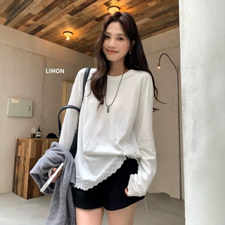 THE LIMON柠檬绿茶2026秋季蕾丝花边长袖T恤女宽松圆领慵懒风上衣