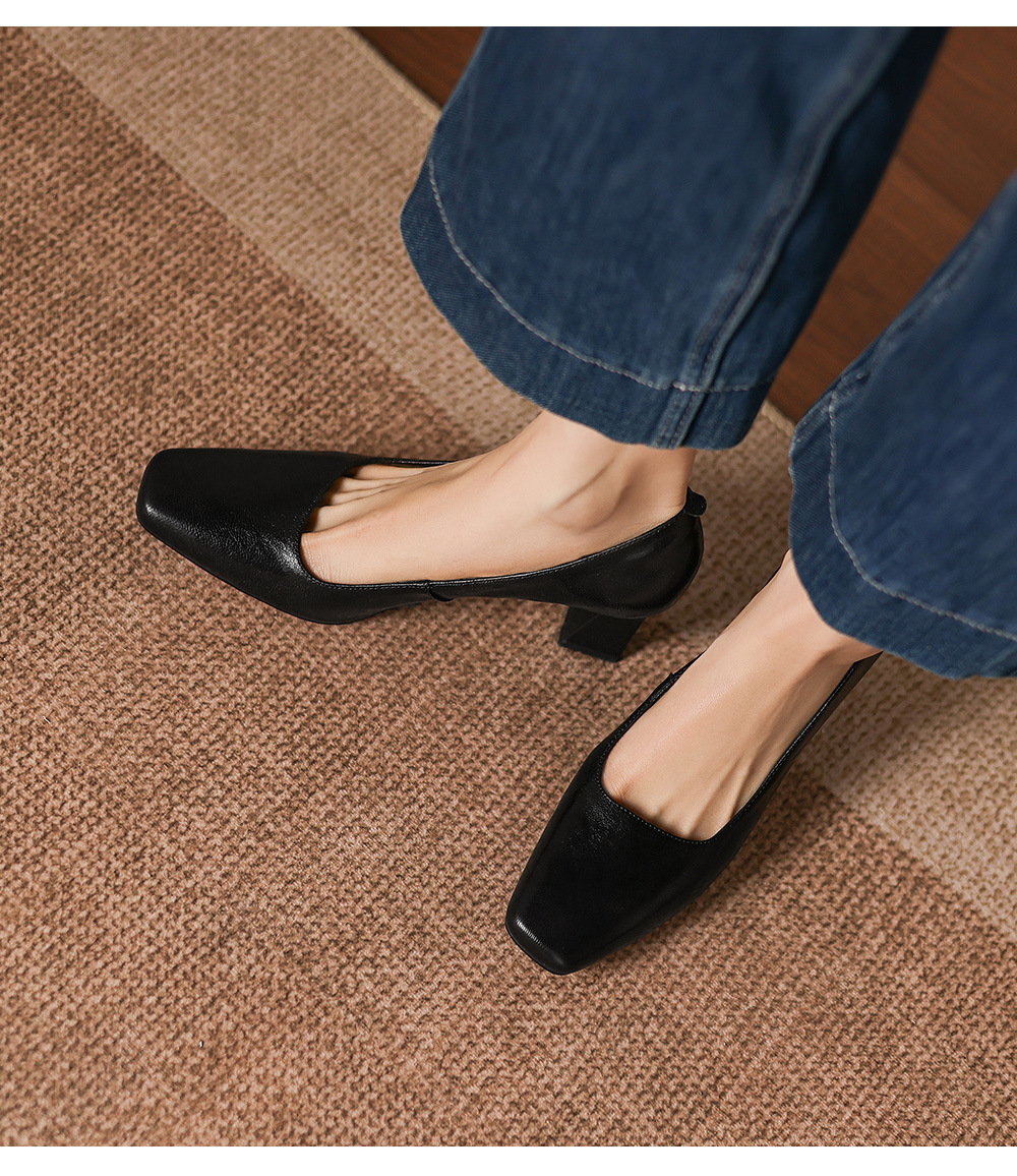 Giày cao gót nữ mũi vuông miệng nông gót 6,5 cm da cừu — đen chi tiết 13