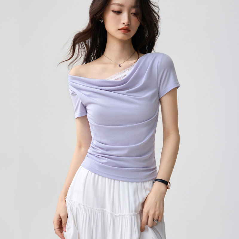 Tencel Lyocell Asymmetrical Neckline Lace Patchwork Short-Sleeve T-Shirt for Women, Summer Ruched Gentle Style Off-Shoulder Slim-Fit Top