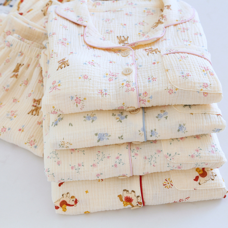 Double-Layer Pure Cotton Gauze Pajamas with Breast Pads for Women, Spring and Autumn Cartoon Bear Lapel Cardigan, Long-Sleeved Cotton Home Clothes Double-Layer Pure Cotton Gauze Pajamas with Breast Pads for Women, Spring and Autumn Cartoon Bear Lapel Cardigan, Long-Sleeved Cotton Home Clothes