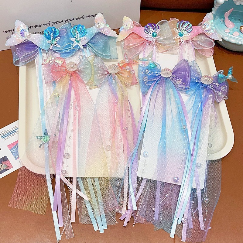 夏の女性のスーパーフェアリーリボン編み込みヘアピン子供用マーメイドヘッドドレスかわいい女の子マーメイドシェルヘアアクセサリー|undefined