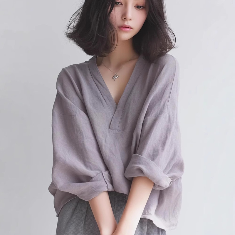 French Purple V-neck Long-sleeved Shirt Women's Summer Thin 2025 New High-end Elegant Loose Casual Top