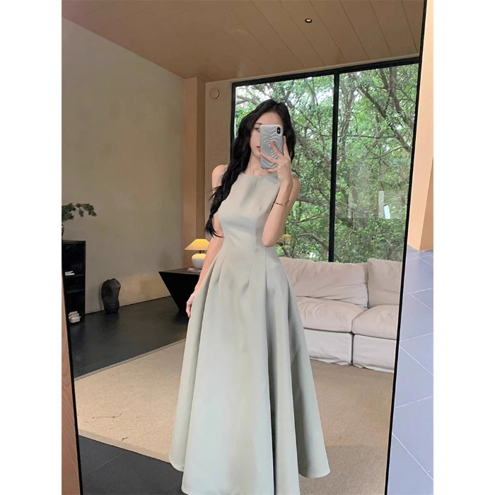 ホワイトドレスレディース夏2025新しいフレンチスタイルノースリーブベストウエスト痩身ロングスカート婦人服|undefined