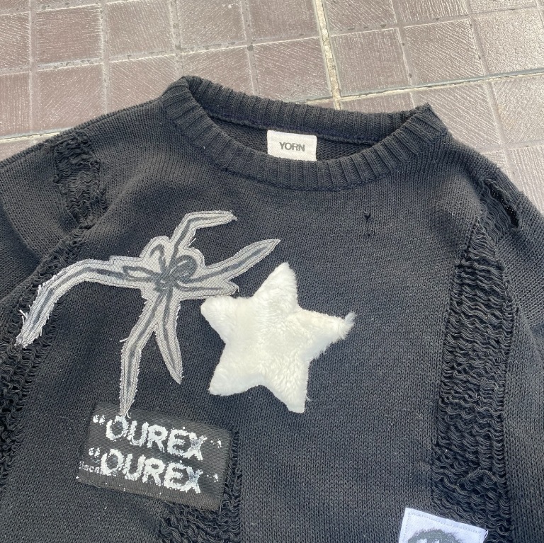 Transfronterizos otoño y invierno estilo americano retro oscuro sensación de diseño araña collage suéter hombre y mujer desgastado chaqueta de punto de moda