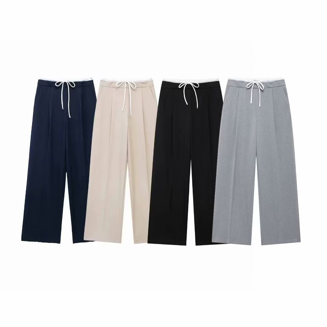 Abbigliamento donna autunno e inverno 2024 nuovi pantaloni larghi a doppio strato con vita larga e gamba larga_voghion.com