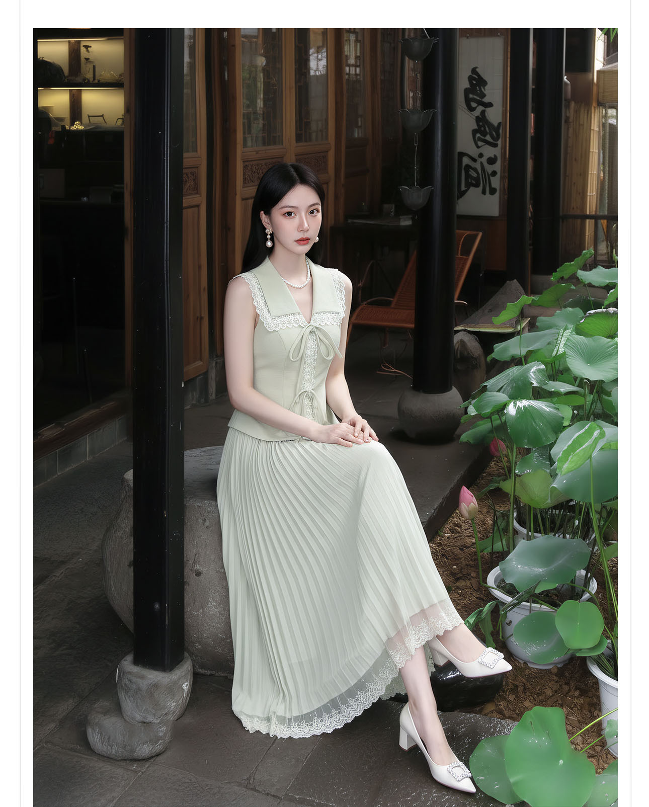 Set áo vest gile và chân váy ren phối ren thêu hoa, eo thon — bộ đồ, nửa váy, Trang chủ chi tiết 7