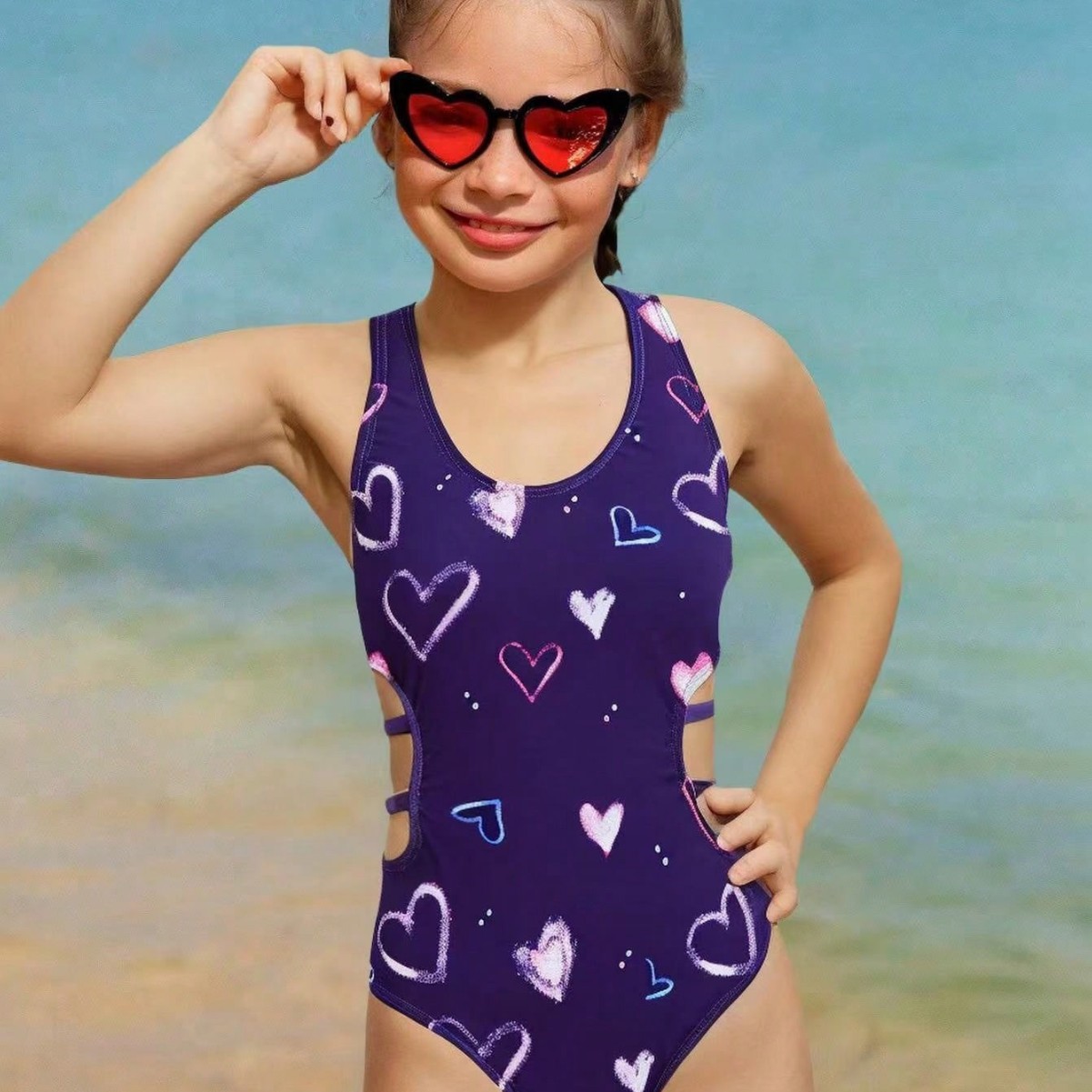 Cross-Border Foreign Trade Children's Love Print Cute Hollow One-Piece Swimsuit for Girls and Middle-Aged Children New Style