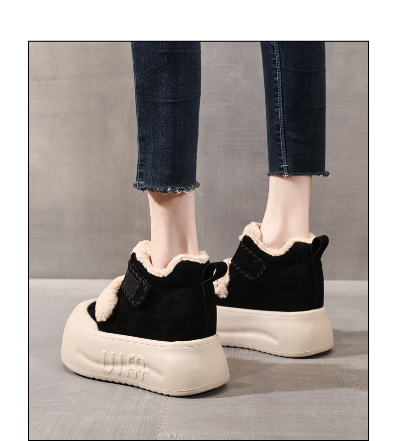 Giày boot nữ cổ cao lót lông cừu đế dày tăng chiều cao, dán Velcro — màu đen chi tiết 13
