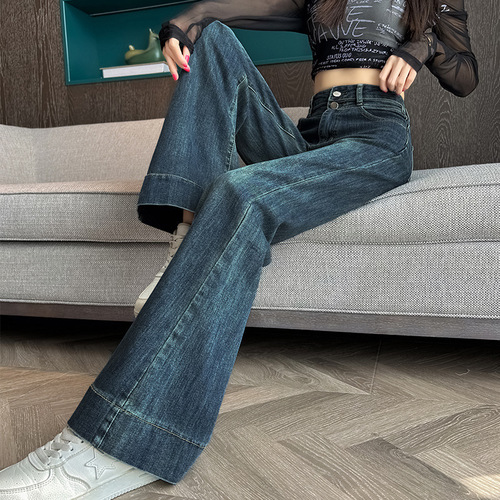 Vintage Wide Leg Micro-Angle Women's Jeans 2025 Spring and Autumn New Mini Heel Bell Bottom Pants One Piece Shipping