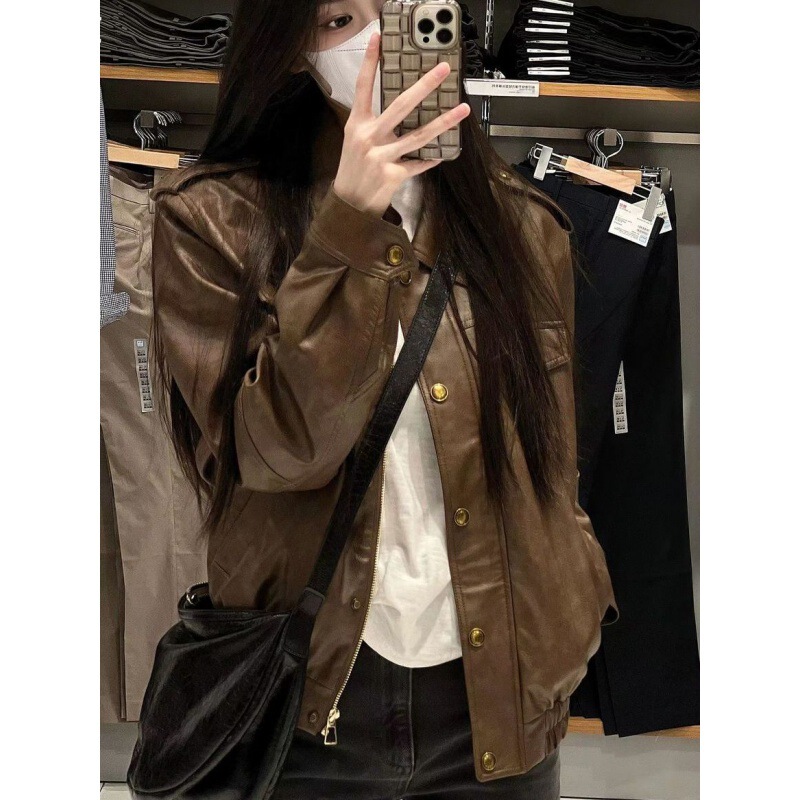 Fall 2023 pure desire style new style sheepskin retro brown PU leather jacket women's leather jacket versatile slimming