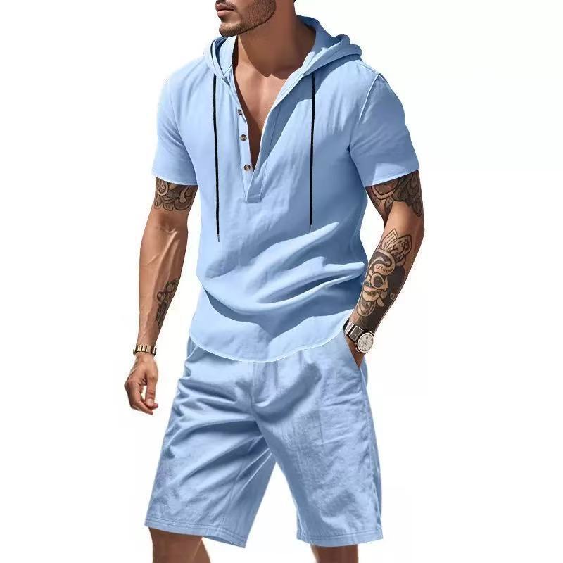 2026 Summer Cross-Border Amazon 3D Men's Hooded Button-Down Short-Sleeve Shirt, Versatile Casual Short-Sleeve Shorts, Linen
