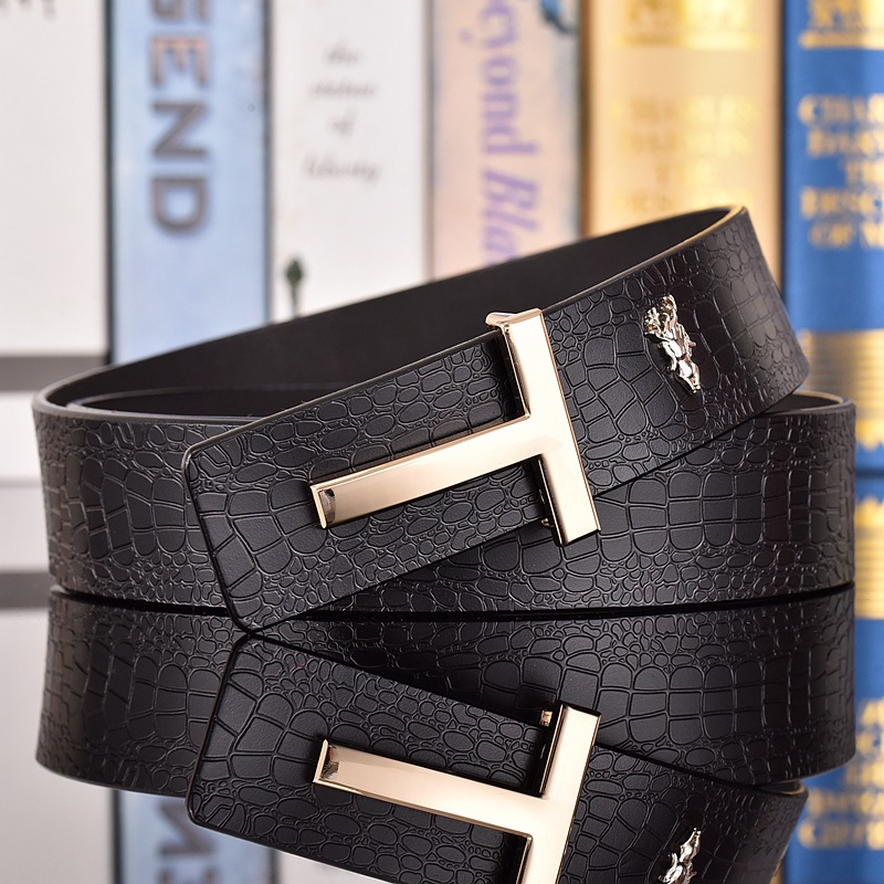 Men's Belt Genuine Leather Fashion New All-match Leather Belt Cowhide Letter Smooth Buckle T-Pants with Men's Trendy Casual