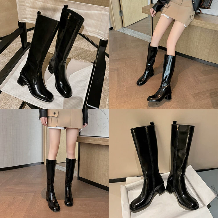 Кожаные высокие сапоги с молнией, облегающие