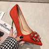 European and American sexy pointed shallow high heeled shoes sexy thin women’s single shoes pearl net red thin heeled wo