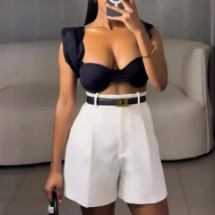 アマゾンの外国貿易の婦人服のファッション的な純色の気質は通勤してカジュアルな仕事の服の半ズボンの腰が高くて痩せています。