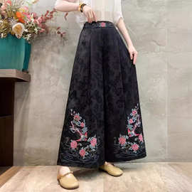 文艺民族风百灵鸟刺绣大摆裤 宽松中式复古大版提花缎面休闲裤女