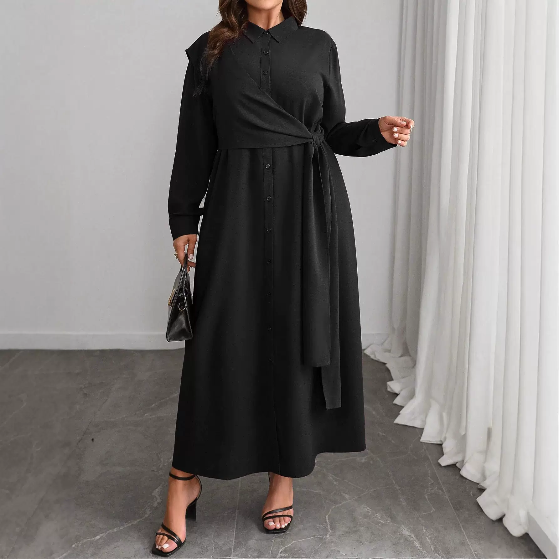 欧美跨境连衣裙大码女装长裙秋冬纯色长袖系带女新款休闲衬衫裙子