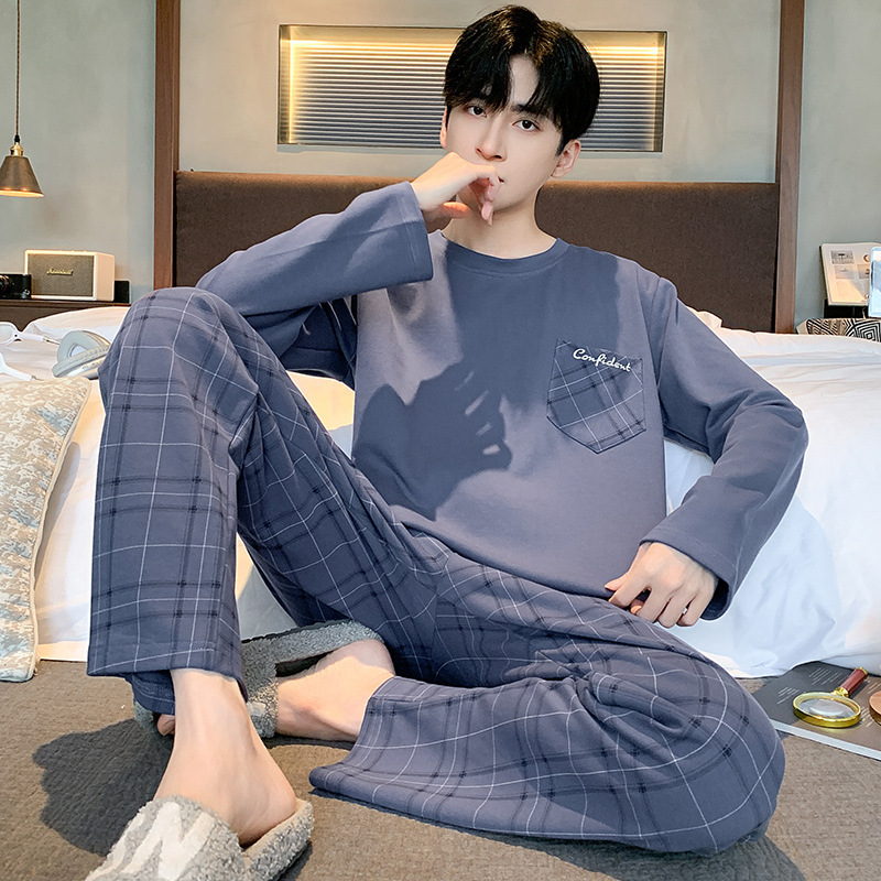100% Pure Cotton Men's Pajamas, Spring and Autumn Long-Sleeved New Style, Loose and Casual, Suitable for Teenagers and Boys to Wear Outside as Home Wear