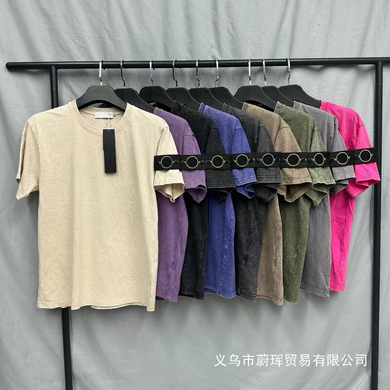 Cross-Border Stone Stone Island Embroidered Logo Trendy Brand Summer Men's Round Neck Short-Sleeve Washed Vintage Distressed Cotton Wholesale