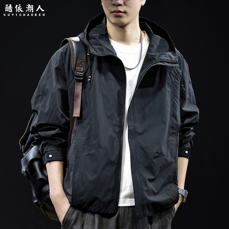 "Functional Windproof" Hooded Jacket Men's Autumn Black Loose Zipper Coat Lightweight Outdoor Workwear Windbreaker "Functional Windproof" Hooded Jacket Men's Autumn Black Loose Zipper Coat Lightweight Outdoor Workwear Windbreaker