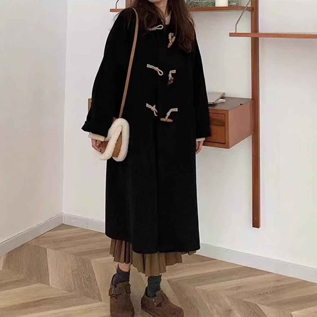 Black Japanese-style duffle coat for women, 2024 autumn/winter new style, petite, thickened, preppy style wool coat.