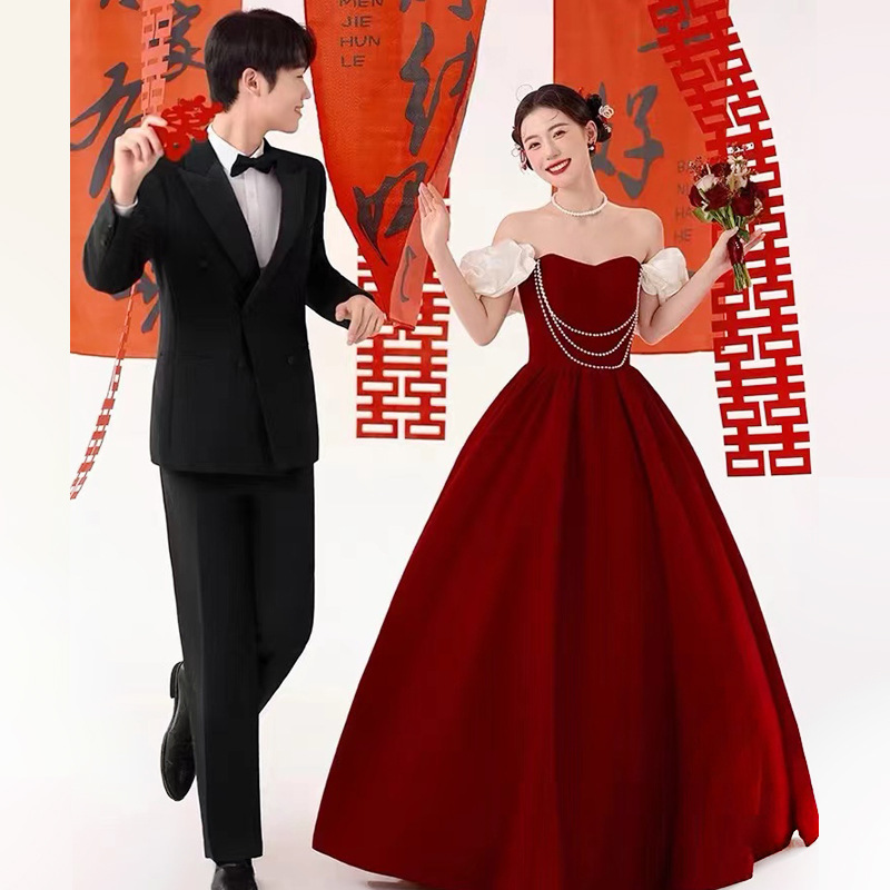 影楼主题服装法式复古喜嫁红色敬酒服新娘轻奢订婚结婚礼服公主裙