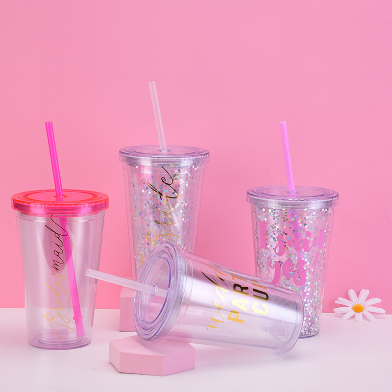 Nuevo regalo transfronterizo taza de boda 16oz doble capa de plástico taza de paja taza transparente simple taza de plástico para las mujeres