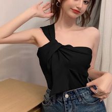 个性针织打结斜肩新款背心外穿吊带性感辣妹短款上衣设计感露肩