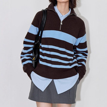 学院风翻领条纹撞色针织衫女秋冬polo领拉链套头复古宽松外穿上衣