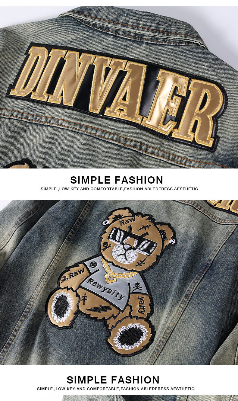 Bear [Trendy] High-luxury locomotive style embroidery fashionable men's denim jacket, denim jacket men's top 532_voghion.com