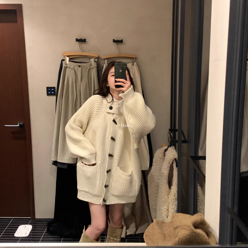 Hers One Scoop Sweet Autumn/Winter Korean Style Retro Thick Knit Stand Collar Duffle Coat Warm Sweater Jacket for Women 92716