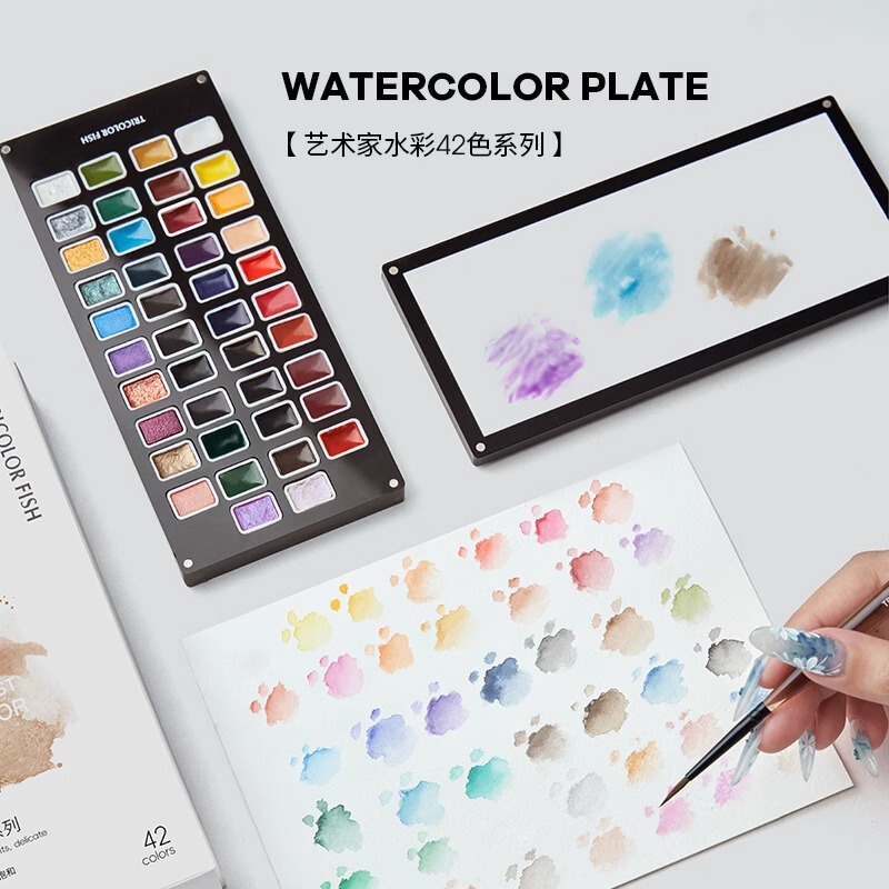 三色の魚のチョコレートの芸術家の水彩の箱の42色の固体の絵の具の皿の純色のぼかしの高飽和のネイル専用|undefined