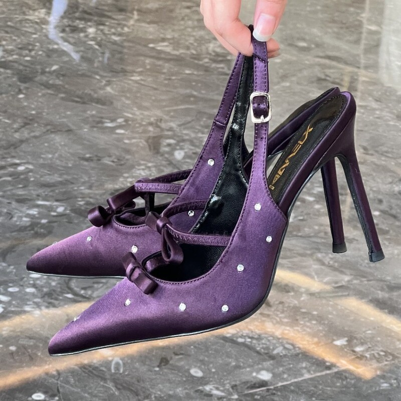 Stylish Polka Dot Rhinestone Bow Sexy Black High Heels with Thin Heels and Pointed Toes, Stunning Shallow Backless Sandals Stylish Polka Dot Rhinestone Bow Sexy Black High Heels with Thin Heels and Pointed Toes, Stunning Shallow Backless Sandals