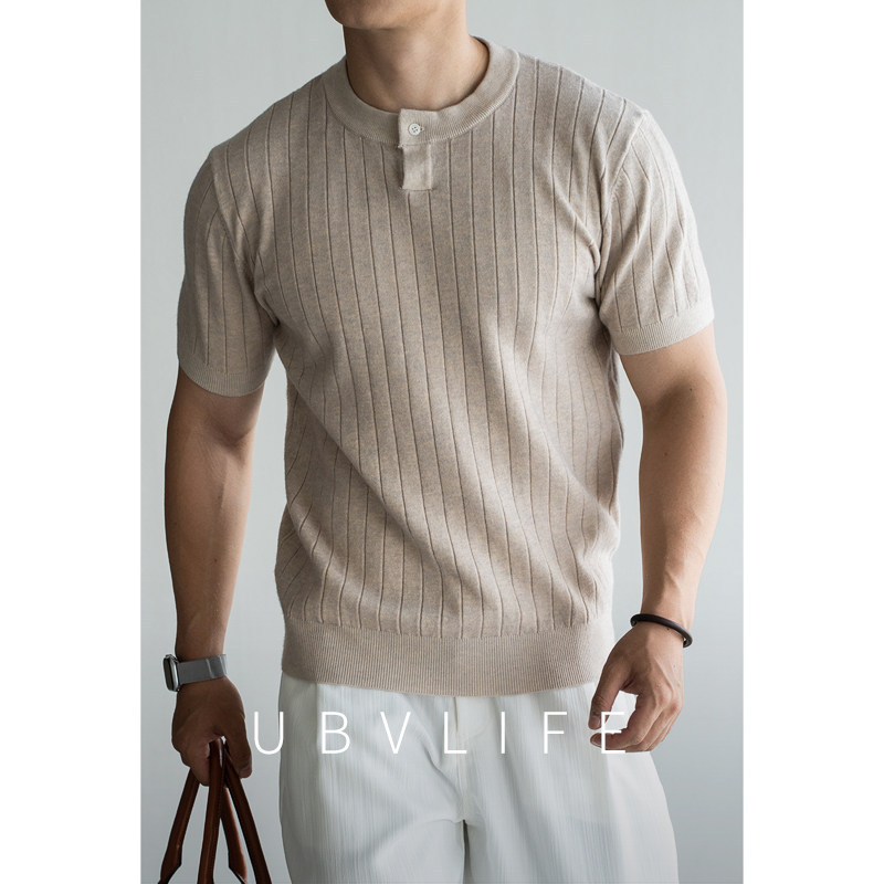 Lyocell blend vertical ribbed textured knit sweater for men, new autumn 2026 style, classic Henley collar short-sleeved T-shirt