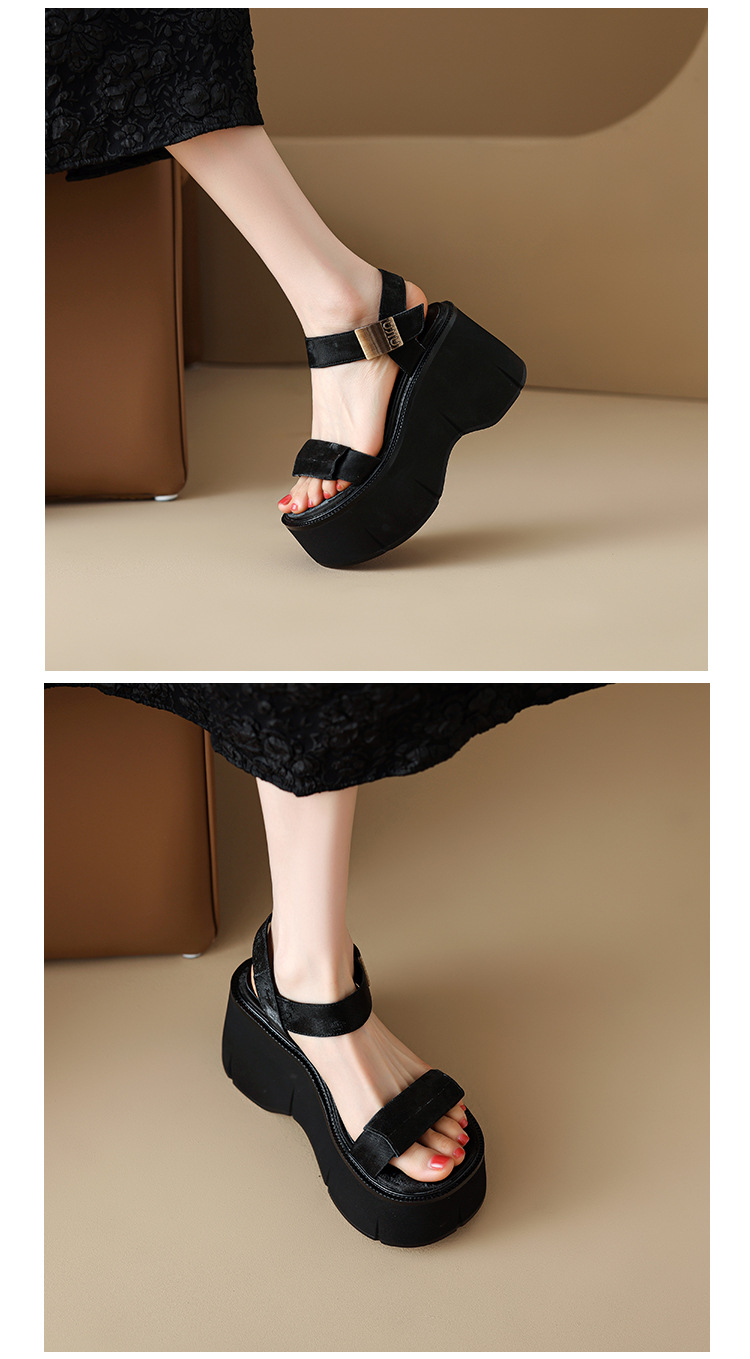 Sandal cao gót nữ phong cách Pháp cổ điển đế xuồng tăng chiều cao hở mũi khóa kim loại — màu nâu, màu đen, màu trắng ngà chi tiết 6
